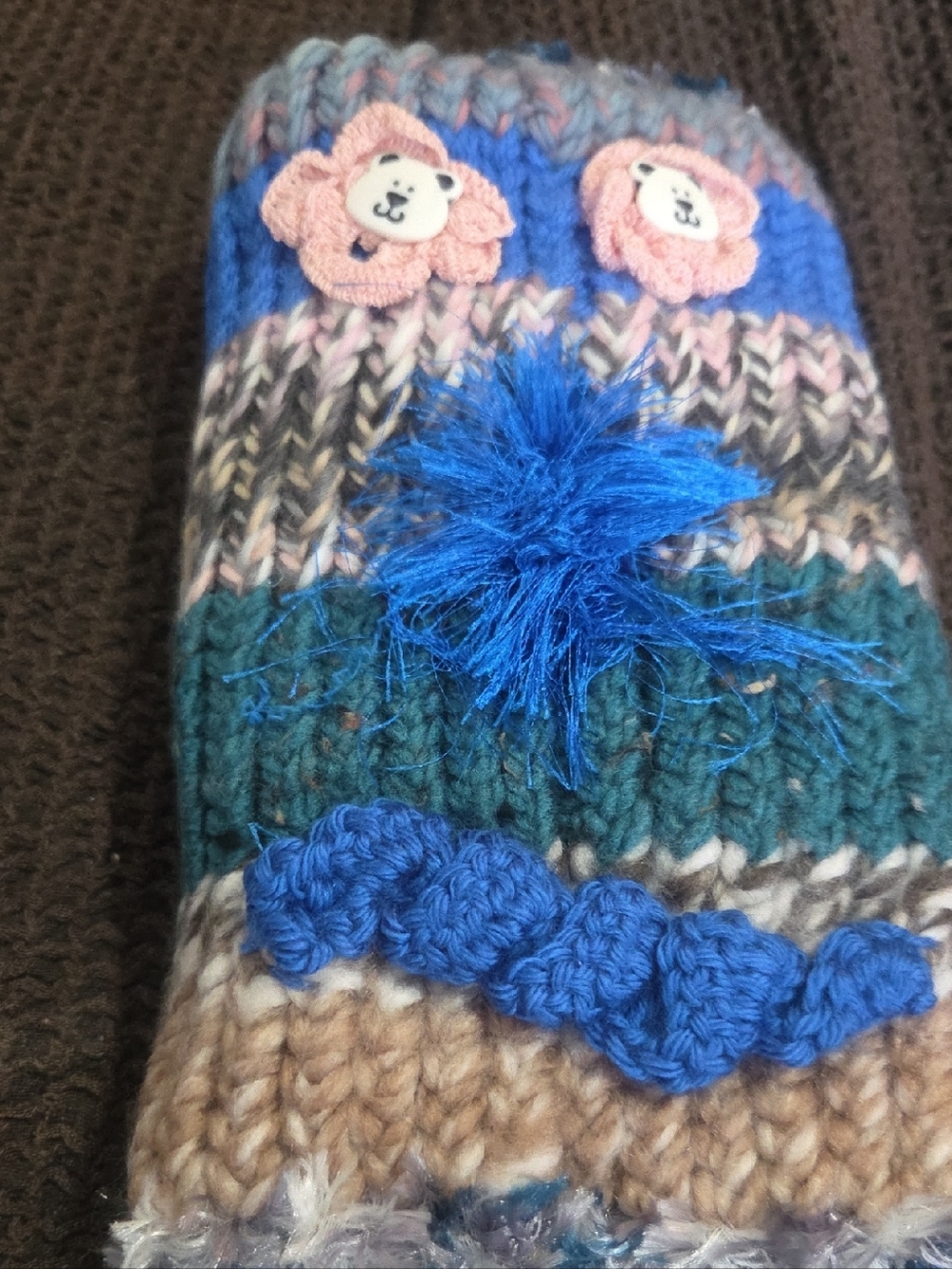 Dementia,Alzheimers Multicolor Knit Sensory Hand Mit with Pom & Animal Appliqué